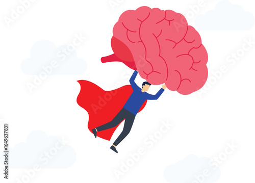 Recover thoughts in the brain. man hero holds brain and flies in the sky. Vector

