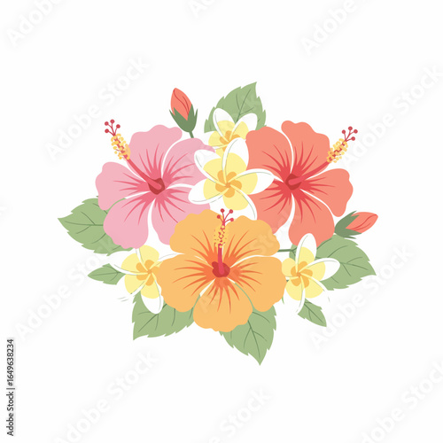 A vibrant stylized bouquet of colorful tropical hibiscus and plumeria flowers with green leaves.
