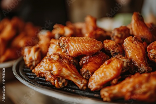 Golden-brown, crispy chicken wings piled high on a grill