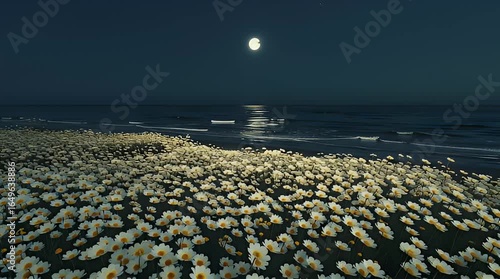 A vast field of pale yellow flowers glowing faintly beneath a bright full moon under a crystal-clear night sky, evoking poetic stillness and melancholy