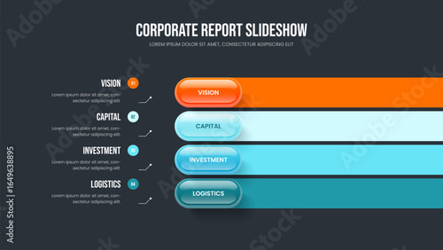 Digital Report Four Element Infographic Slideshow Template. Service Introduction Slide Design Vector Illustration. Creative Innovation 4 Option Diagram Frame Layout.