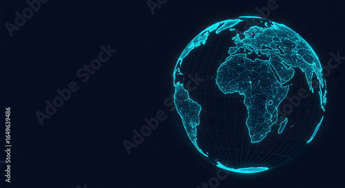 3D globe illustration with glowing continents on dark background, focus on the African region