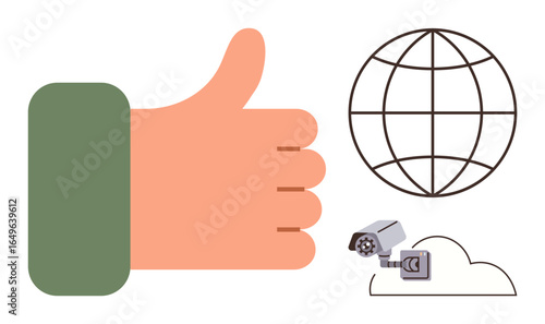 Large thumbs-up hand, wireframe globe, security camera, and cloud icon. Ideal for digital approval, cybersecurity, global communication, data privacy, technology online networks simple flat
