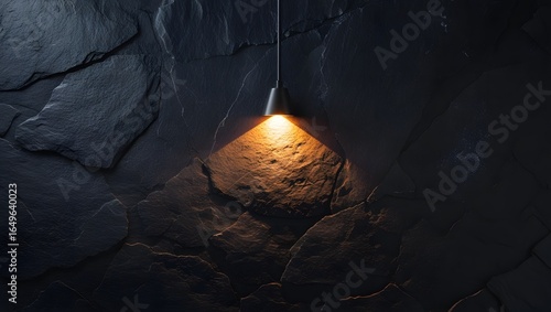 Illuminated stalactite hanging in a dark cave setting