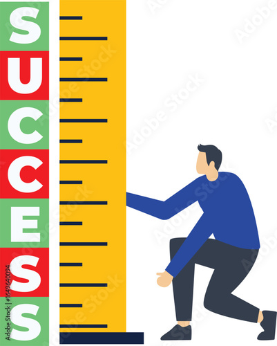 Businessman holding a tape measure to measure the height of success, distance to success, concept illustration of business success

