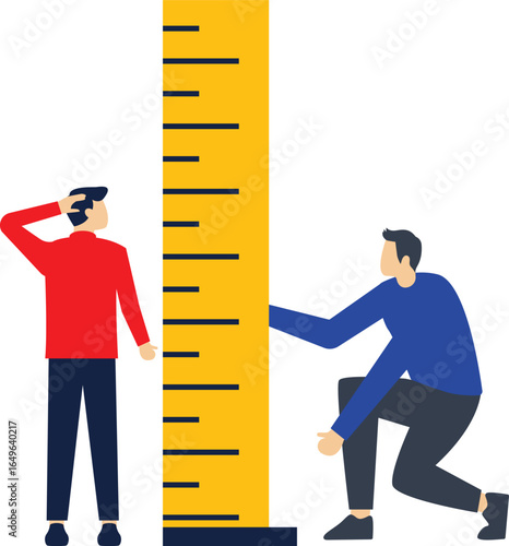 Commercial test, the boss measures the height of the businessman with a ruler

