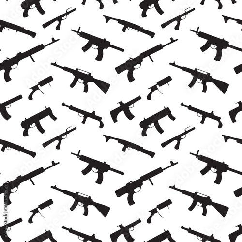 Seamless Pattern of Assault Rifle Silhouettes on White Background Keywords: assault rifle, gun