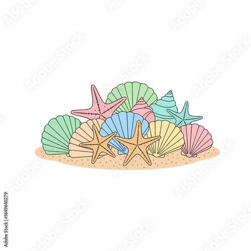 Pastel Seashells and Starfish Cluster on Sandy Beach.