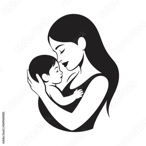 Elegant Mother and Baby Line Drawing  Minimalist Black and White Vector for Family Illustration, Tattoo Design, Baby Brand, Parenting Website, Greeting Cards or Packaging