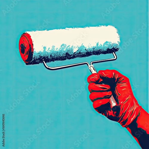 A hand in a red glove holds a paint roller against a teal background.  Pop art style