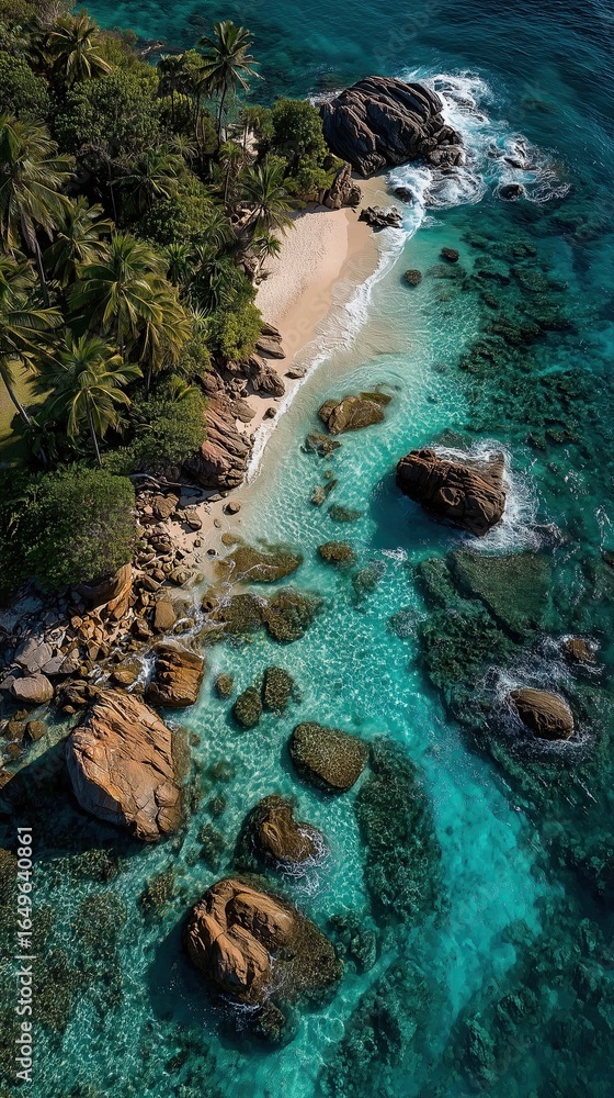 Obraz premium Tropical escape aerial coast reveal with sustainable luxury landscape design, coral reef visible beneath crystal-clear waters