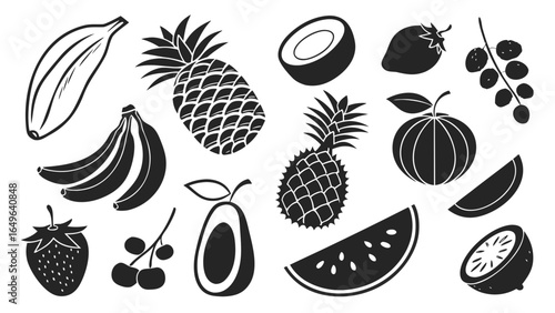 Collection of Black and White Fruit Silhouettes Including Banana Pineapple Coconut Strawberry Watermelon and Other Tropical Fruits