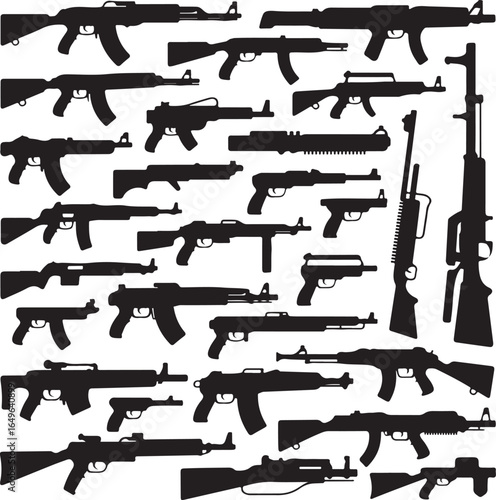 Large Collection of Diverse Firearm Silhouettes on White Background weapon rifle