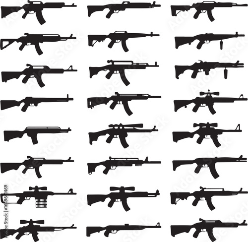 Collection of modern assault rifles and firearms in silhouette weapon