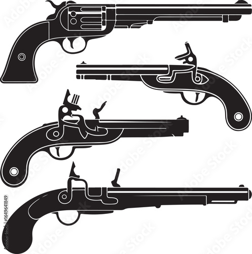 Assortment of antique flintlock pistols and revolvers in silhouette antique pistol firearm