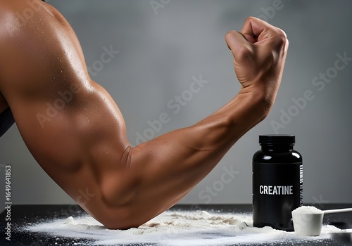 Muscular man's arm flexing, showcasing strength and fitness, with a bottle of creatine and spilled powder on a table.