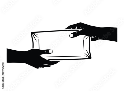 Two hands exchanging a blank envelope, symbolizing a transaction or message.