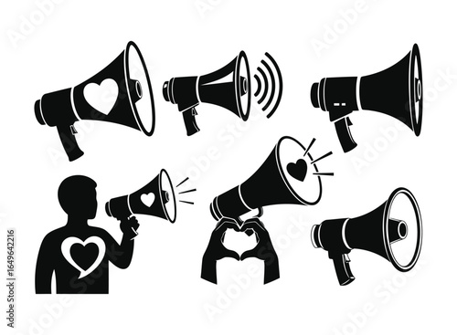 Megaphones amplify messages of love and connection with hearts and hands.