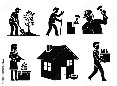 People engaged in various activities like gardening, construction, and delivering goods.