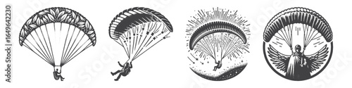 Vintage Hand-Drawn Paraglider with Wings Illustration, Adventure Engraved Vector for Travel and T-Shirt Design