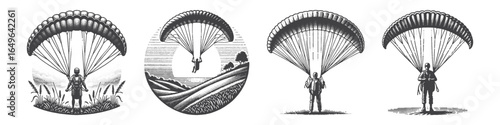 Vintage Hand-Drawn Paraglider Landing Illustration, Adventure Sport Engraved Vector for Travel and T-Shirt Design