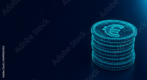 Stacked digital euro coins in neon blue against dark background  