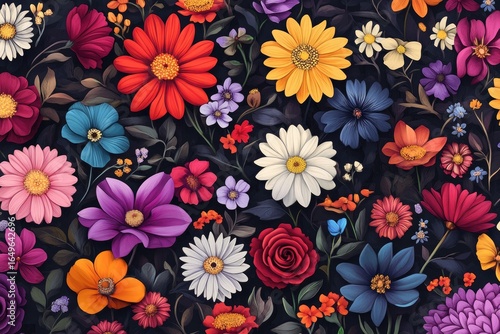 A vibrant, detailed floral pattern.  A profusion of flowers in various colors and sizes, densely arranged on a dark background. 