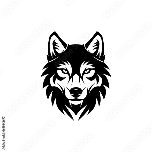 A stark black and white illustration of a wolf head on a plain background