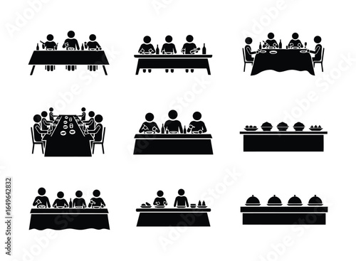 Stick figure people dining at tables and buffet serving dishes eating food