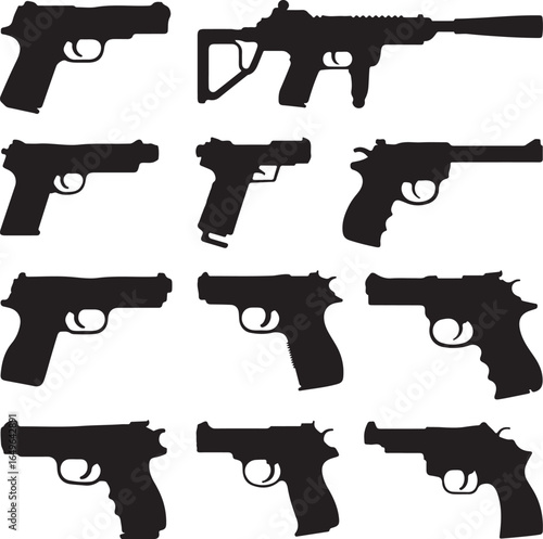 Collection of Handgun Silhouettes on White Background pistol firearm