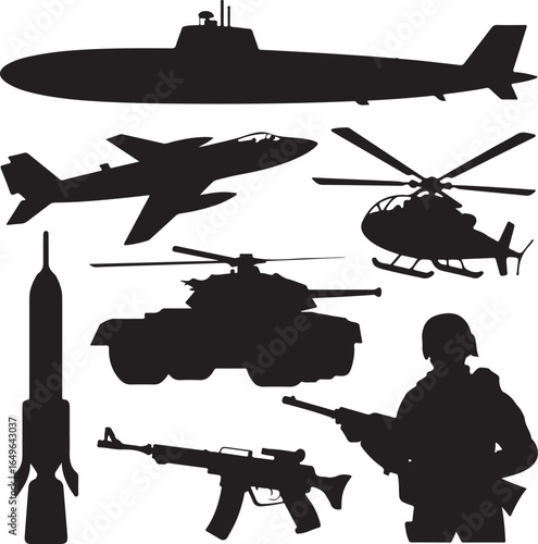 Silhouette collection of military vehicles aircraft weapons and soldier army
