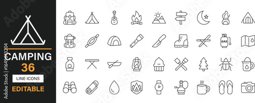 Camping 36 editable line icons set. Tent, campfire, backpack, hiking, lantern, sleeping bag, compass, camp stove, flashlight, etc and solid icons.