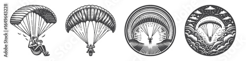 Vintage Hand-Drawn Paraglider Over the Clouds Illustration, Adventure Sport Engraved Vector for Travel and T-Shirt Design