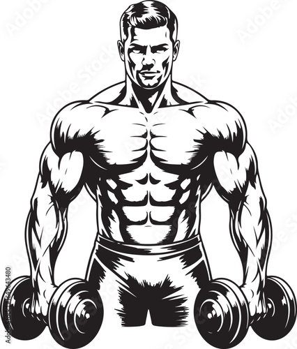 Muscular man with defined abs holding dumbbells in black and white bodybuilder fitness