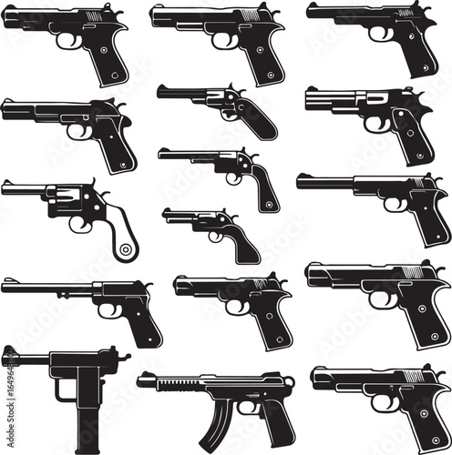 Assortment of vintage and modern handgun pistol silhouettes firearm weapon