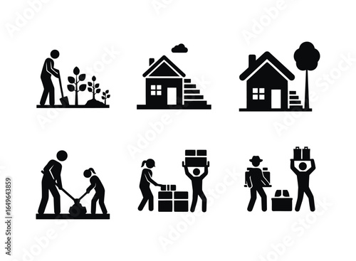 Six black silhouette icons depicting people gardening building and moving objects planting