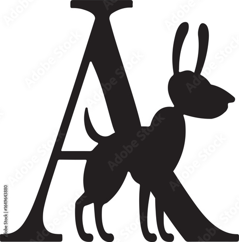 Black Silhouette of a Dog Integrated with Letter A alphabet