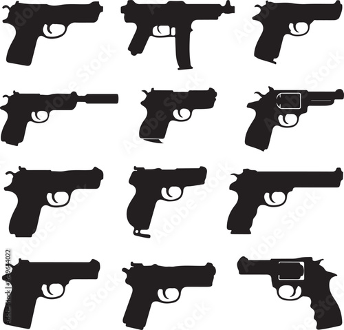 Collection of handgun pistol silhouettes on a white background firearm weapon
