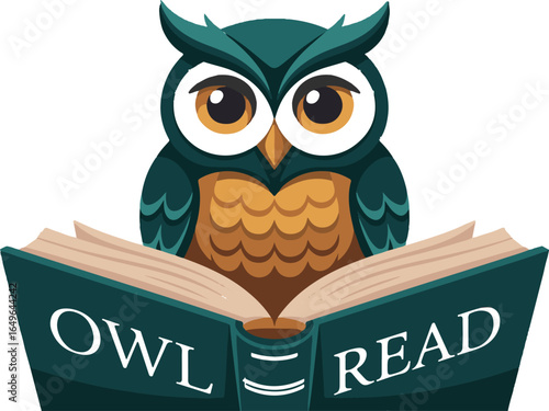 Cartoon owl reading an open book with text Owl Read bird