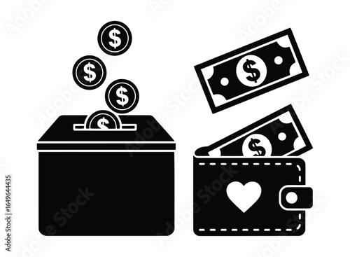 Black silhouette of coins falling into a box and money in a wallet dollar currency