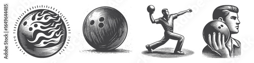 Vintage Hand-Drawn Bowling Ball With Fire Illustration, Sports Object Engraved Vector for Bowling and T-Shirt Design