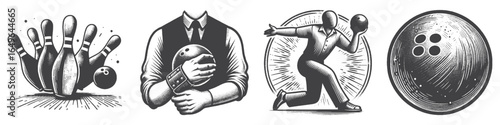 Vintage Hand-Drawn Bowler Hug Ball Illustration, Sports Player Engraved Vector for Bowling and T-Shirt Design