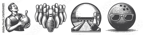Vintage Hand-Drawn Bowling Ball With Sunglasses Illustration, Sports Object Engraved Vector for Bowling and T-Shirt Design