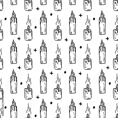 Seamless pattern with burning candles in doodle style. Monochrome print of wax candles for wrapping paper, Halloween backgrounds, and Day of the Dead designs.
