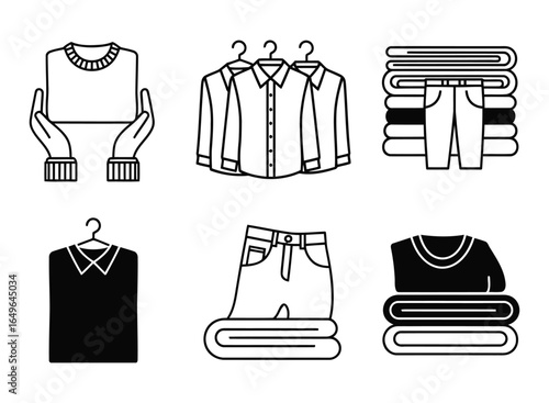 Flat lay icons of folded clothes and shirts on hangers clothing jeans