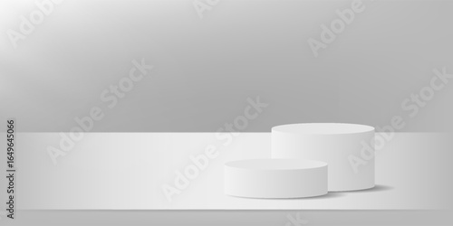3D white cylindrical podium pedestal background floating on air with empty wall scene. Minimal empty mockup or abstract product display presentation, Stage showcase. Platforms vector geometric design.