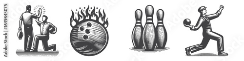 Vintage Hand-Drawn Bowler Celebrate Illustration, Sports Player Engraved Vector for Bowling and T-Shirt Design