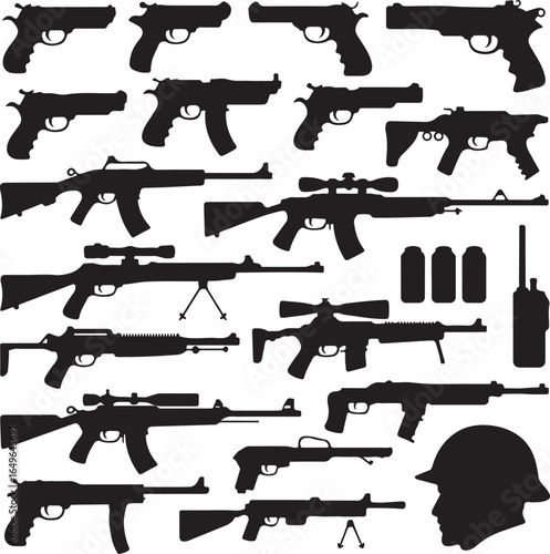 Collection of Handgun and Rifle Silhouettes with Military Helmet and Radio pistol shotgun