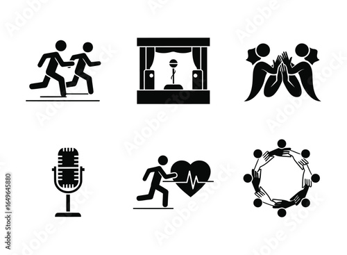 Six black silhouette icons depicting running people stage microphone heart beat and teamwork