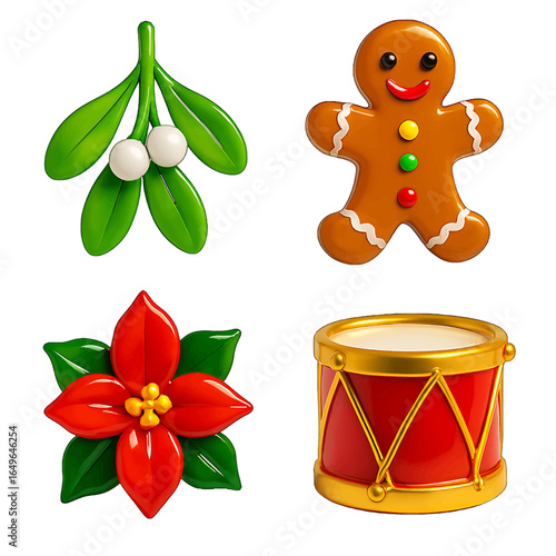 Electric 3D holiday icons featuring lime mistletoe cinnamon gingerbread fire-engine poinsettia and gold drum